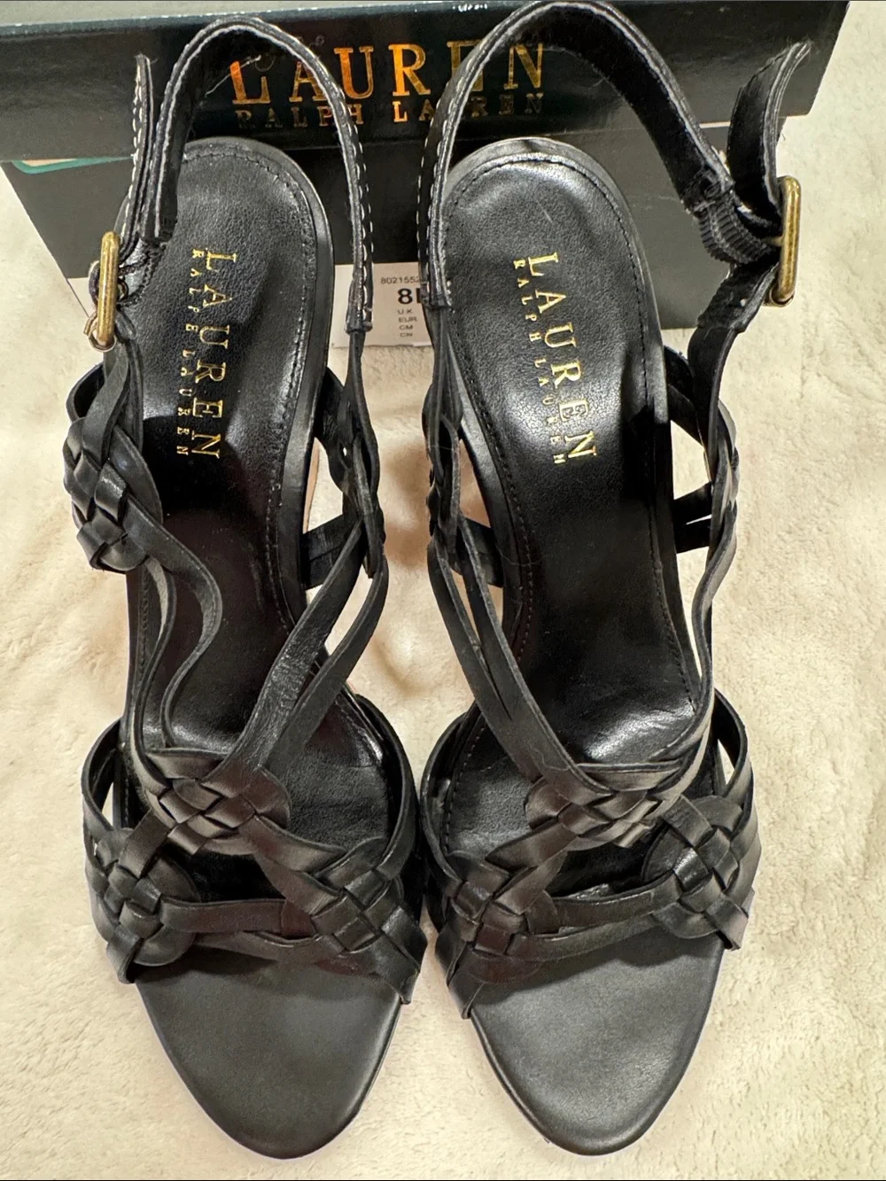 Lauren Ralph Lauren Black Braided Leather Wedge Sandals with Cork Heel